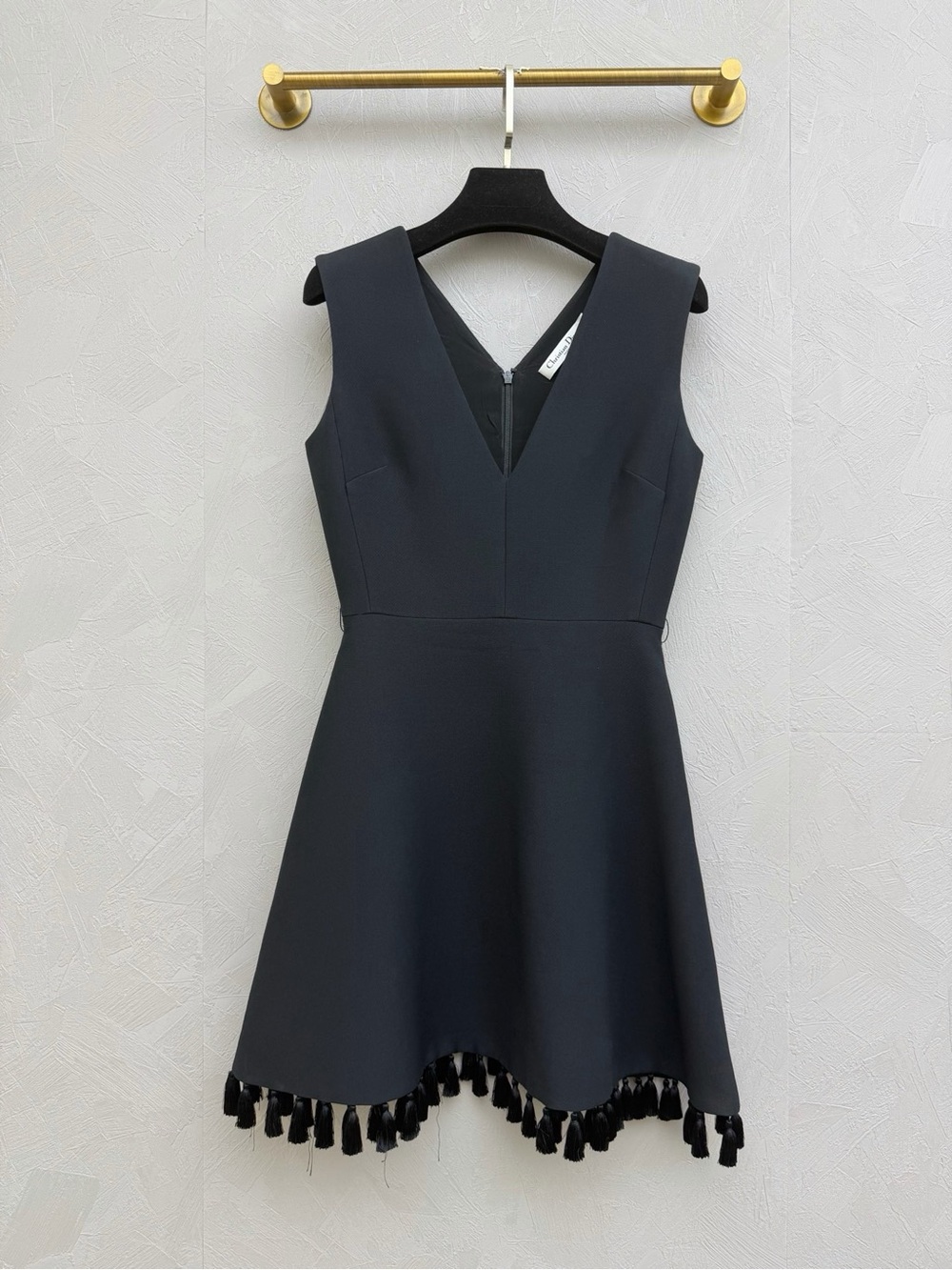 🚩steal Dior Black Sleeveless V-Neck Mini Dress with Tassel Hem